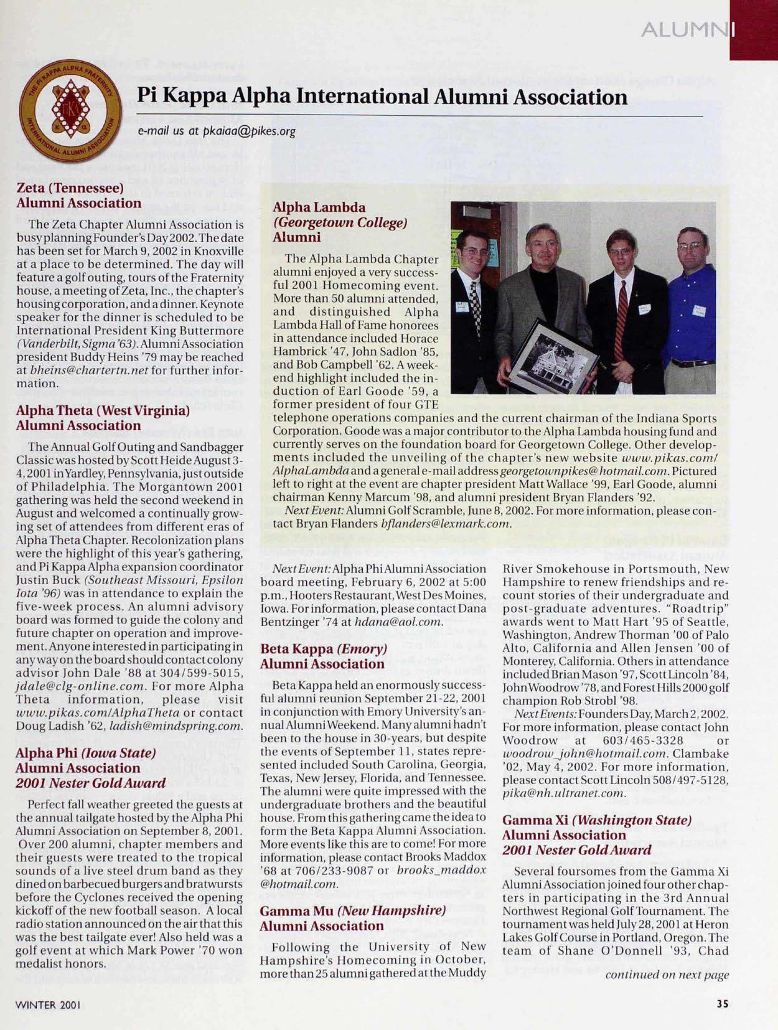 Alumni: Pi Kappa Alpha International Alumni Association, Winter 2001